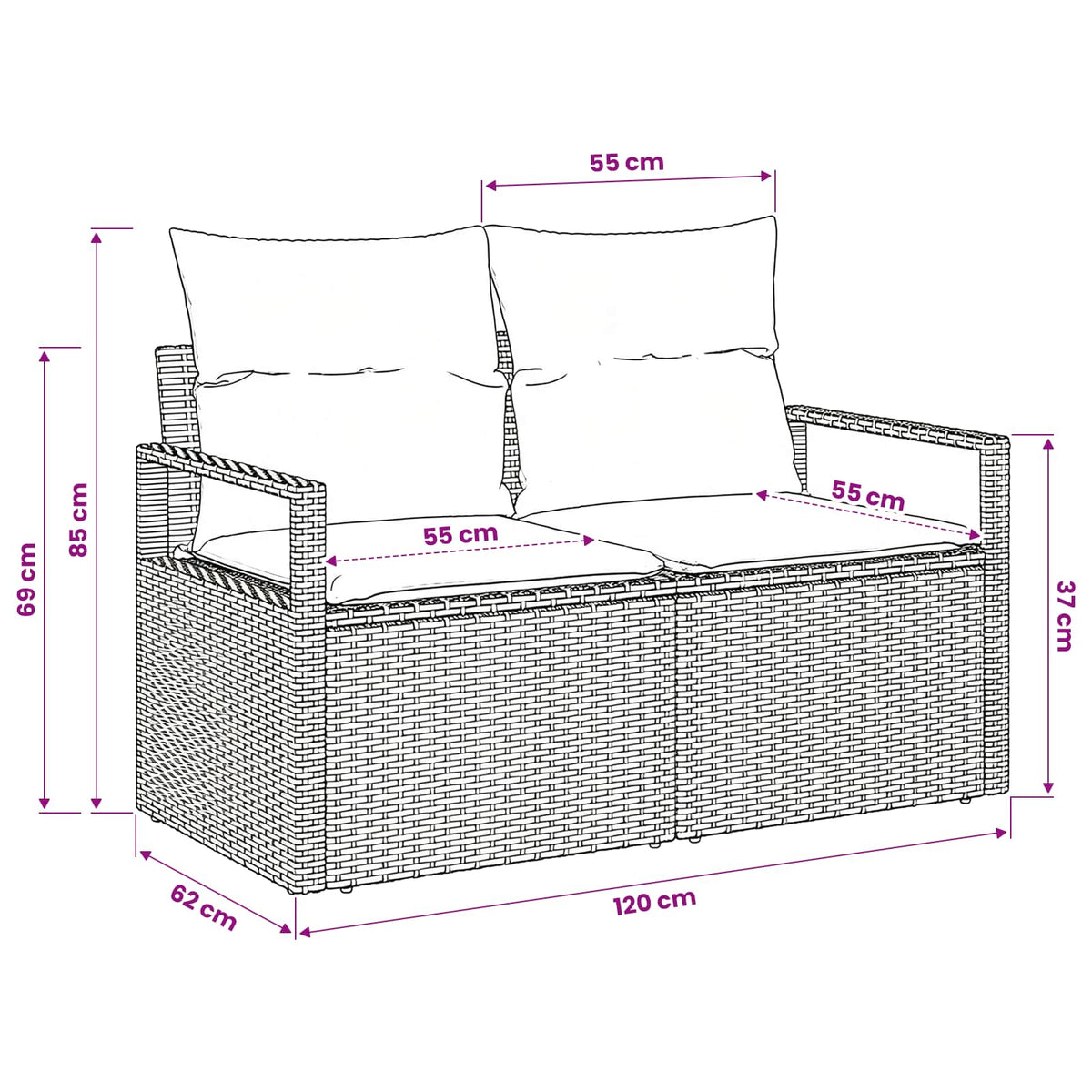 Divano da giardino con cuscino 120 x 62 x 69 cm. polyrattan