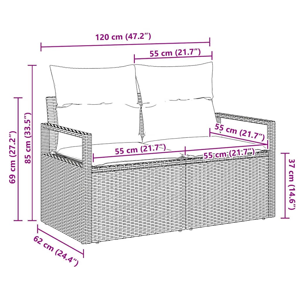 Divano da giardino con cuscino 120 x 62 x 69 cm. polyrattan