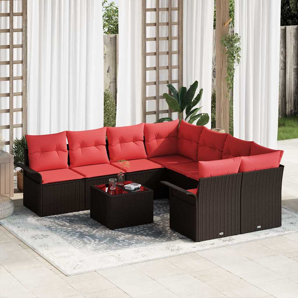 Set Divano da Giardino 9 pcs Marrone e Rosso polyrattan | homemem39