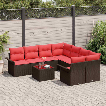 Set Divano da Giardino 9 pcs Marrone e Rosso polyrattan | homemem39