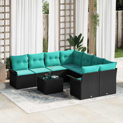 Set Divano da Giardino con cuscino 9 pcs Nero polyrattan | homemem39