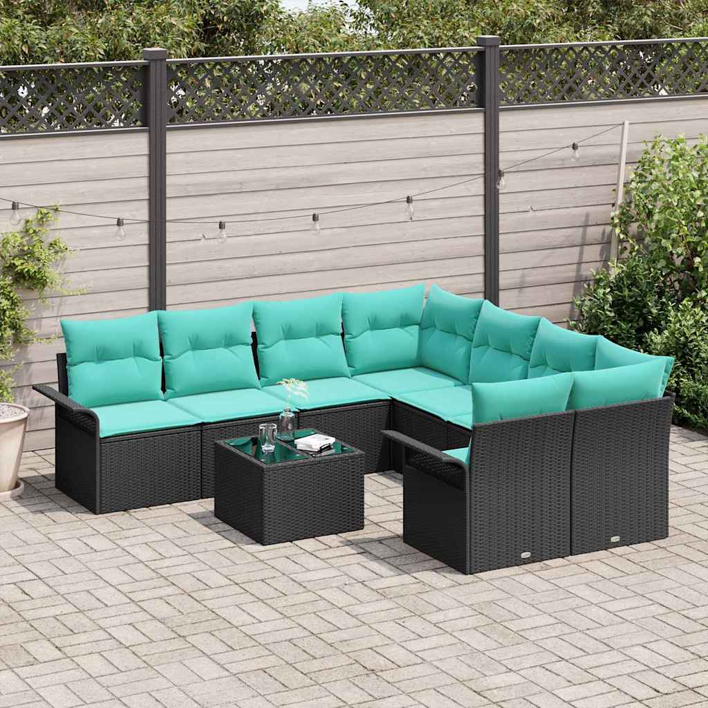 Set Divano da Giardino con cuscino 9 pcs Nero polyrattan | homemem39