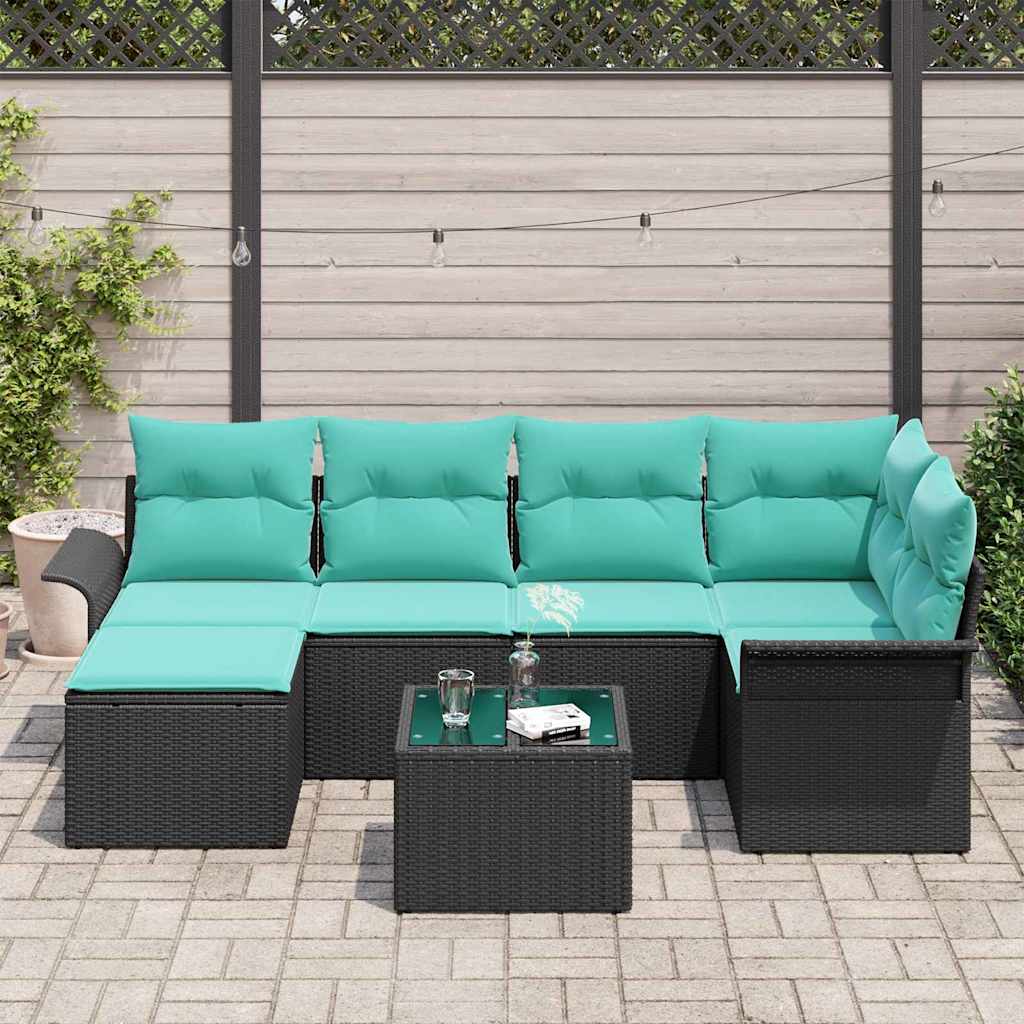 Set Divano da Giardino con cuscino 7 pcs Nero Poly Rattan | homemem39