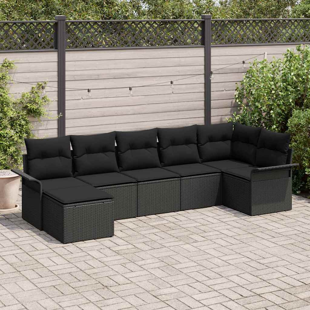 Set Divano da Giardino con cuscino 7 pcs Nero Poly Rattan | homemem39