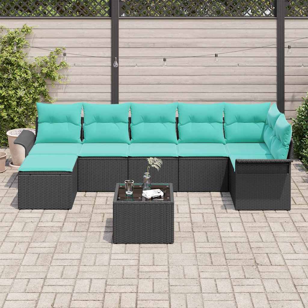 Set Divano da Giardino con cuscino 8 pcs Nero Poly Rattan | homemem39
