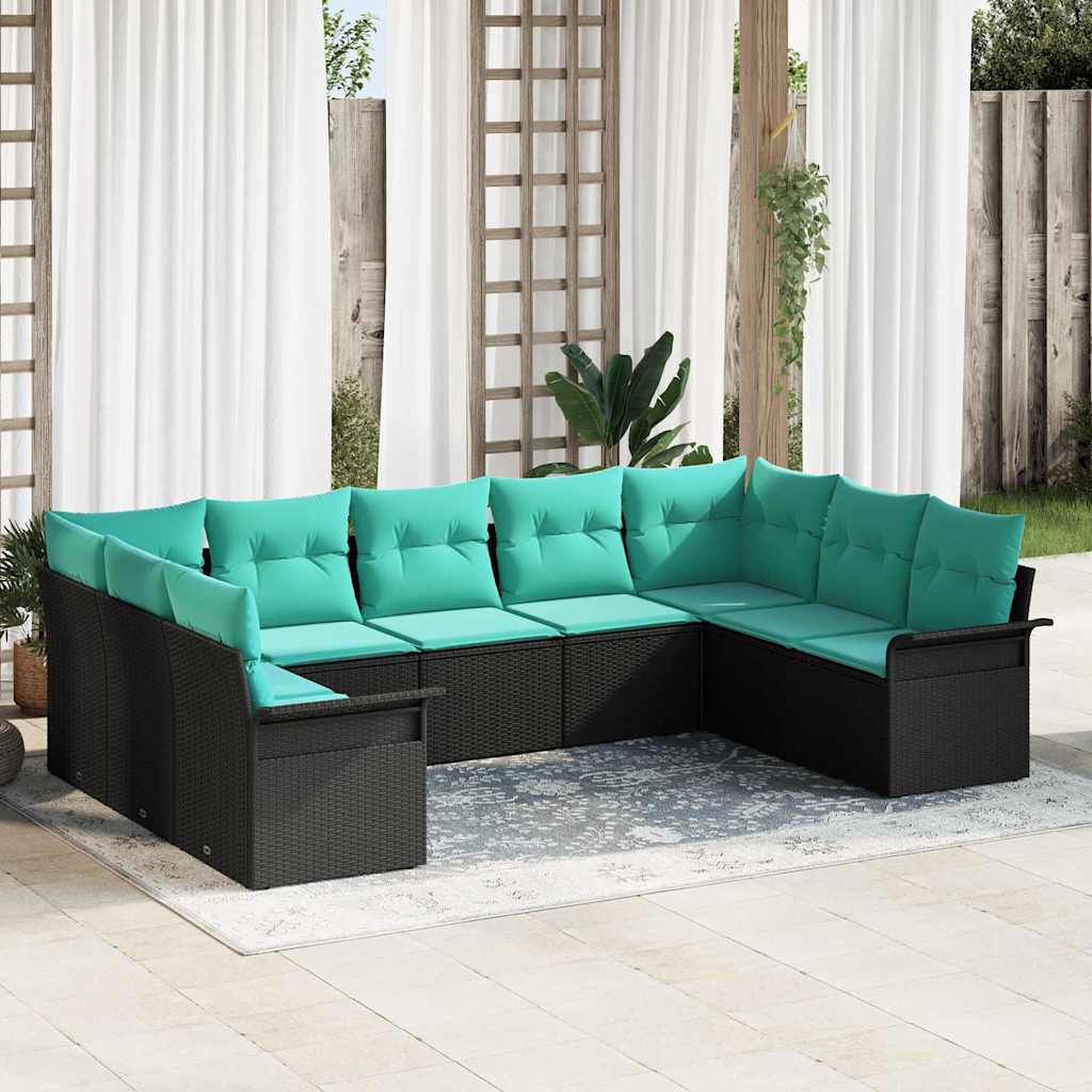Set Divano da Giardino con cuscino 9 pcs Nero polyrattan | homemem39