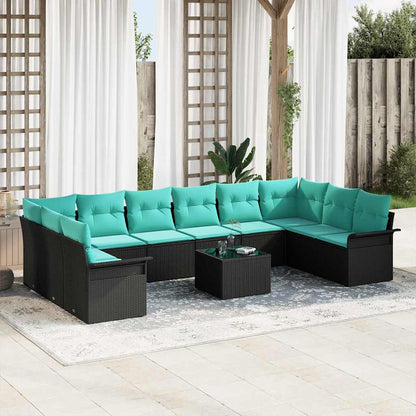 Set Divano da Giardino con cuscino 11 pcs Nero Poly Rattan | homemem39