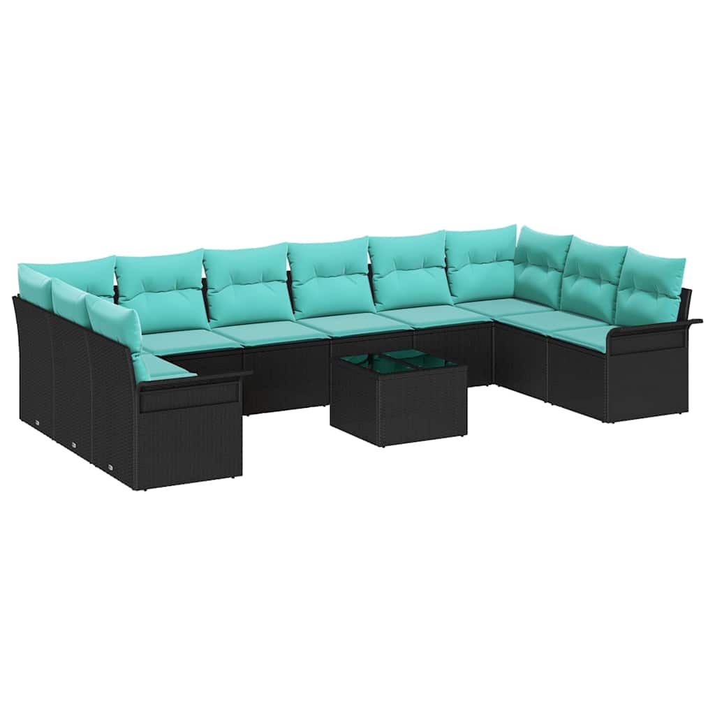 Set Divano da Giardino con cuscino 11 pcs Nero Poly Rattan | homemem39
