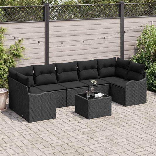 Set Divano da Giardino 8 pz 7-Numero di posti Nero polyrattan