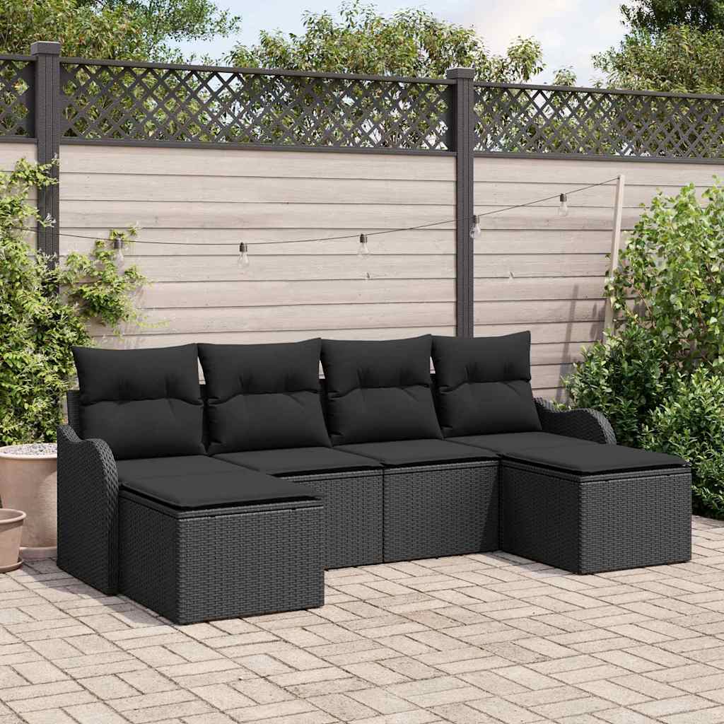 Set Divano da Giardino con cuscino 6 pcs Nero Poly Rattan | homemem39