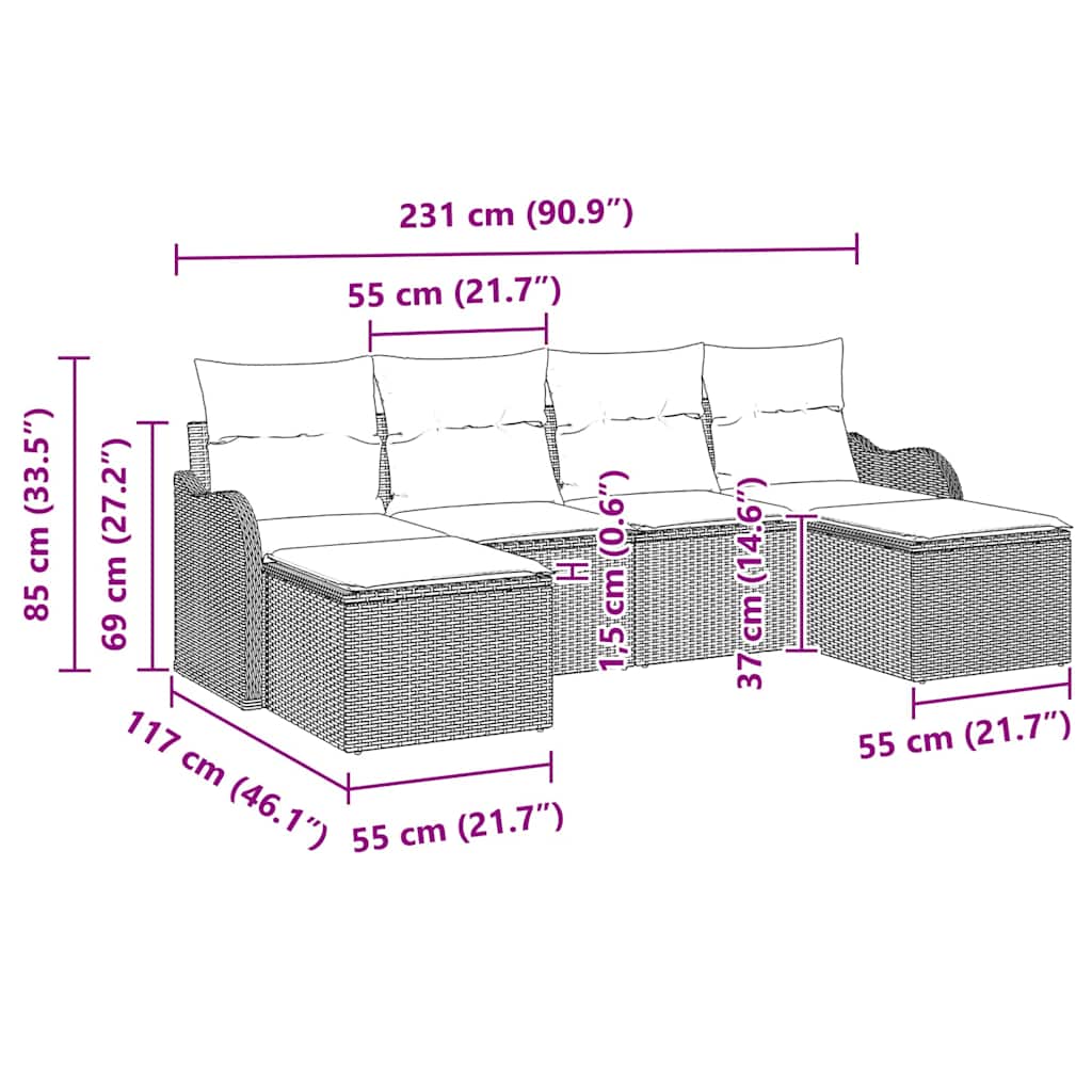 Set Divano da Giardino con cuscino 6 pcs Nero Poly Rattan | homemem39