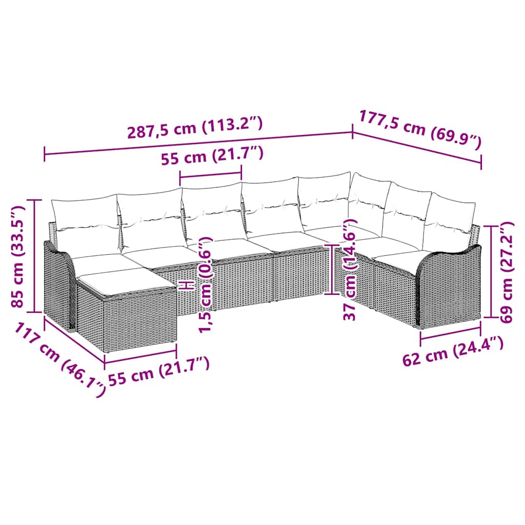 Set Divano da Giardino con cuscino 9 pcs Marrone Poly Rattan | homemem39