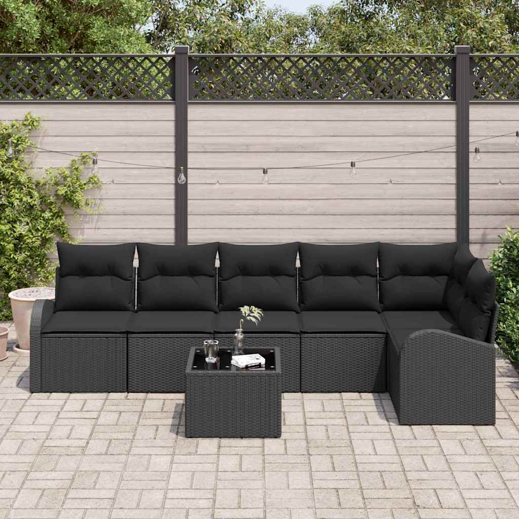 Set Divano da Giardino con cuscino 7 pcs Nero Poly Rattan | homemem39