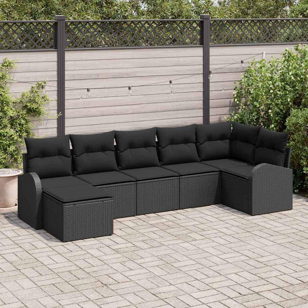 Set Divano da Giardino con cuscino 7 pcs Nero Poly Rattan | homemem39