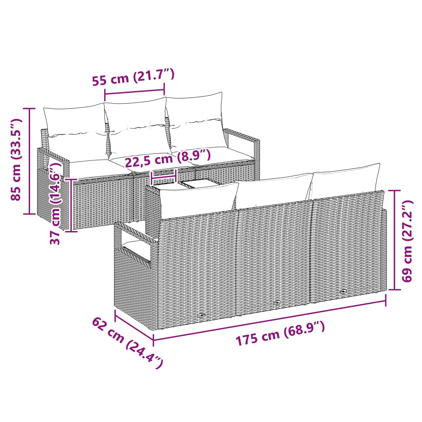 Set di divani con cuscino 7 pcs Nero e Turchese polyrattan | homemem39