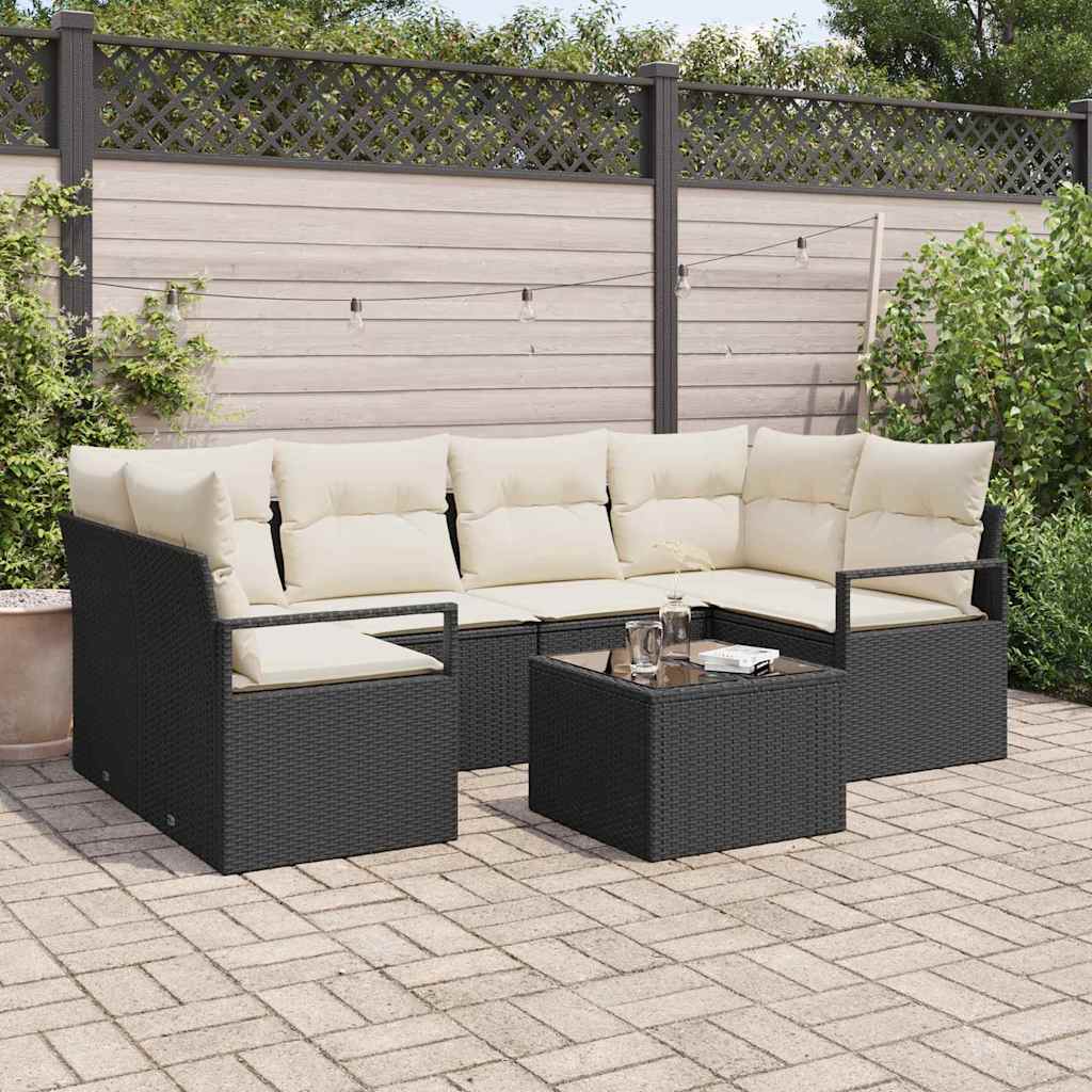 Set di divani con cuscino 7 pcs Nero e Crema polyrattan | homemem39