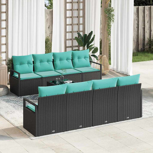 Set di divani con cuscino 7 pcs Nero e azzurro polyrattan