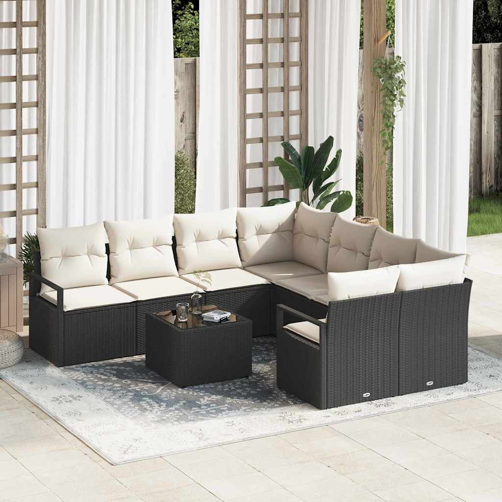 Set di divani con cuscino 9 pcs Nero e Crema polyrattan | homemem39