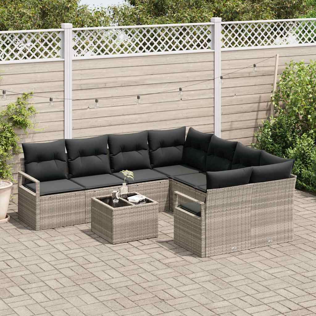 Set di divani con cuscino 9 pcs Grigio chiaro e nero polyrattan | homemem39