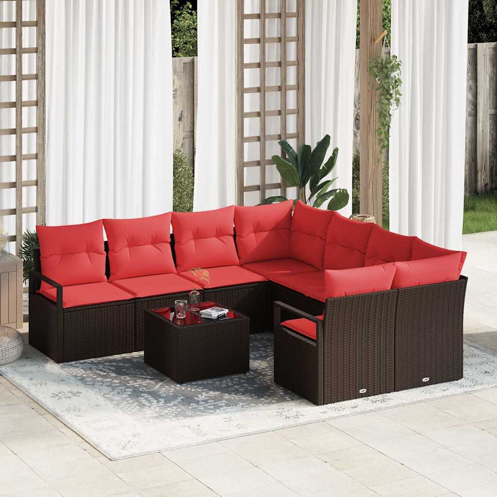 Set di divani con cuscino 9 pcs Marrone e Rosso polyrattan | homemem39