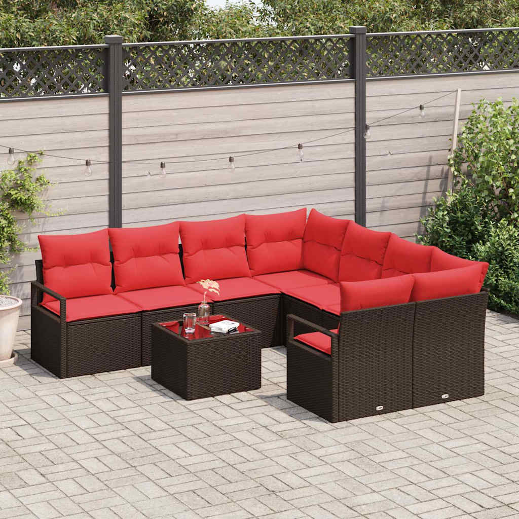 Set di divani con cuscino 9 pcs Marrone e Rosso polyrattan | homemem39