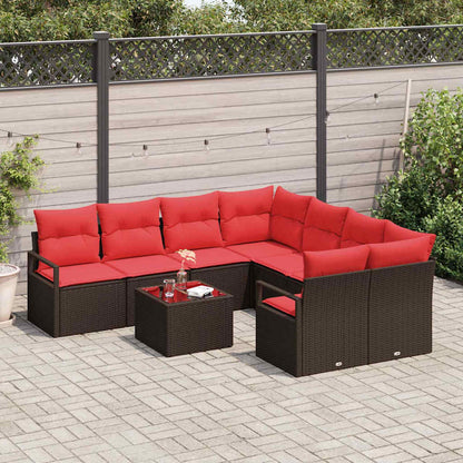 Set di divani con cuscino 9 pcs Marrone e Rosso polyrattan | homemem39
