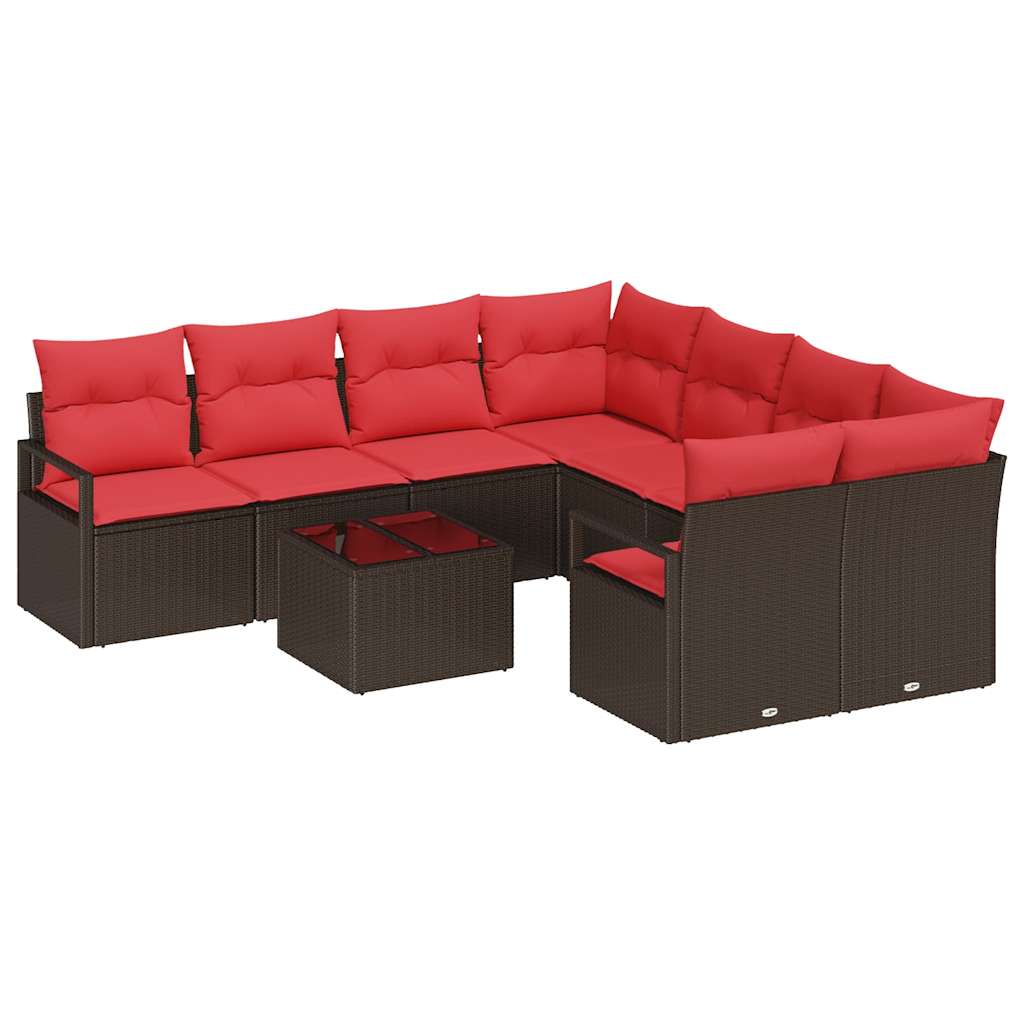 Set di divani con cuscino 9 pcs Marrone e Rosso polyrattan | homemem39