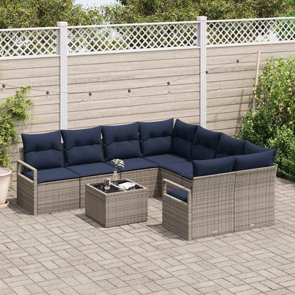 Set di divani con cuscino 9 pcs Grigio e Blu Navy polyrattan