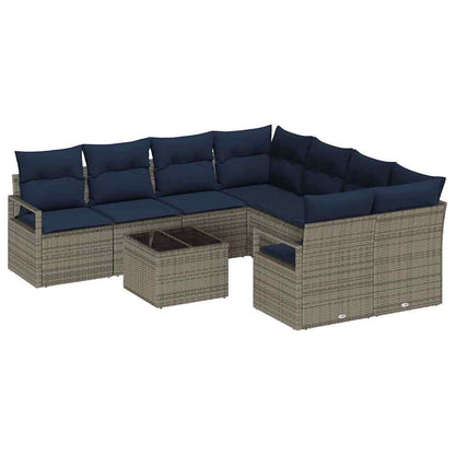 Set di divani con cuscino 9 pcs Grigio e Blu Navy polyrattan