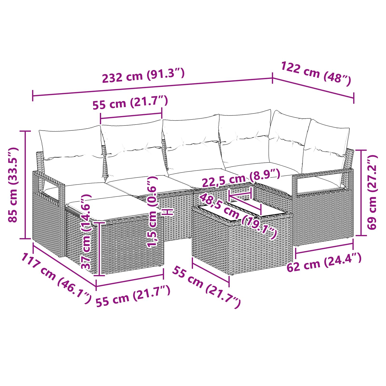 Set di divani con cuscino 7 pcs Grigio polyrattan | homemem39