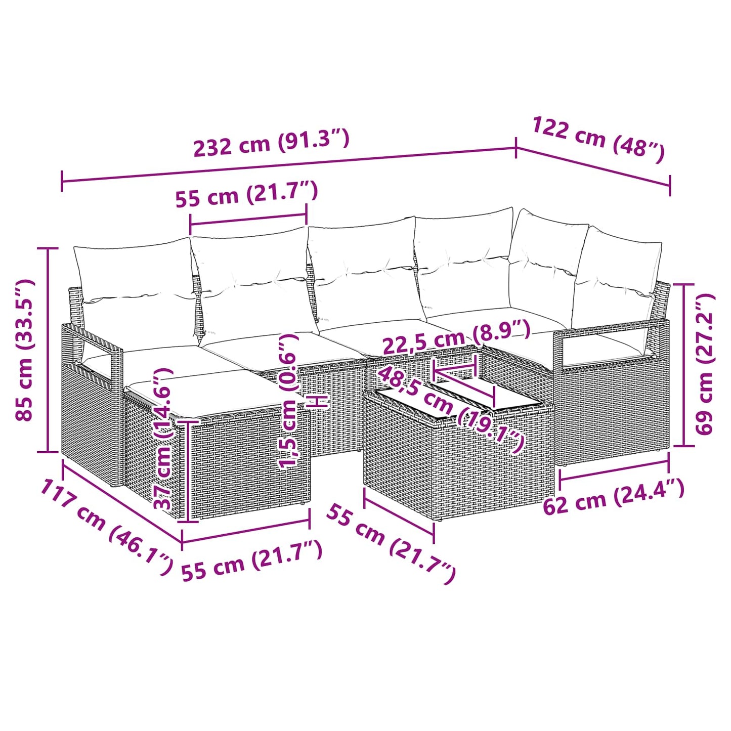 Set di divani con cuscino 7 pcs Grigio polyrattan | homemem39