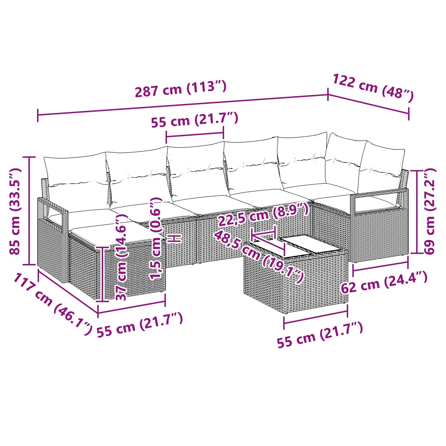 Set di divani con cuscino 8 pcs Grigio polyrattan | homemem39