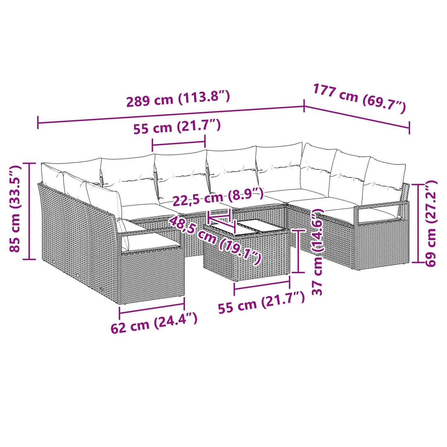 Set di divani con cuscino 10 pcs Nero polyrattan | homemem39