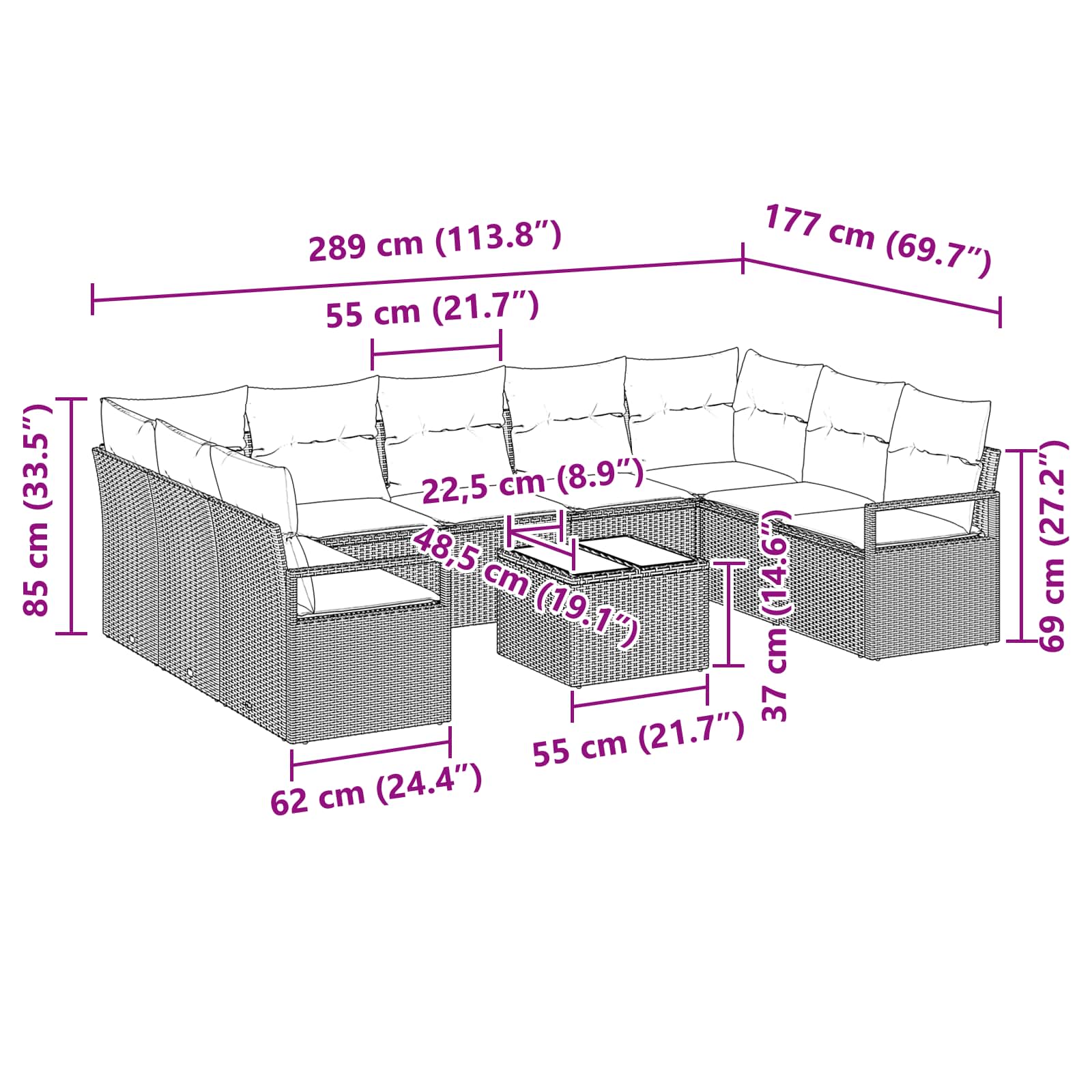 Set di divani con cuscino 10 pcs Nero polyrattan | homemem39