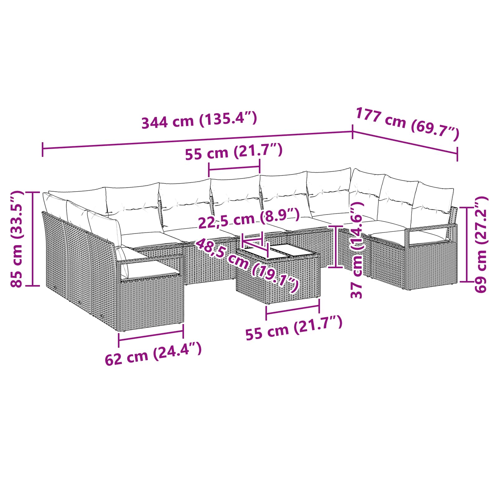 Set di divani con cuscino 11 pcs Nero polyrattan | homemem39