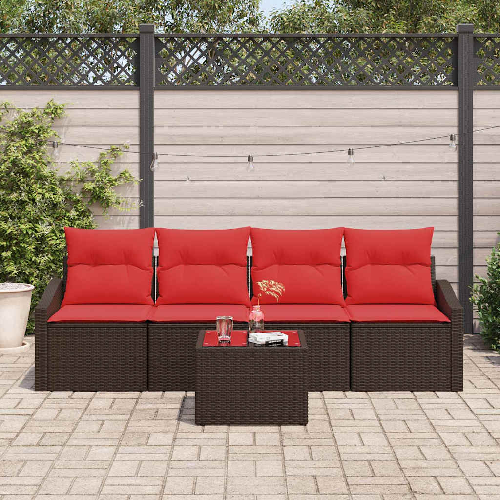 Set di divani 5 pz 3-Numero di posti Marrone e Rosso polyrattan | homemem39