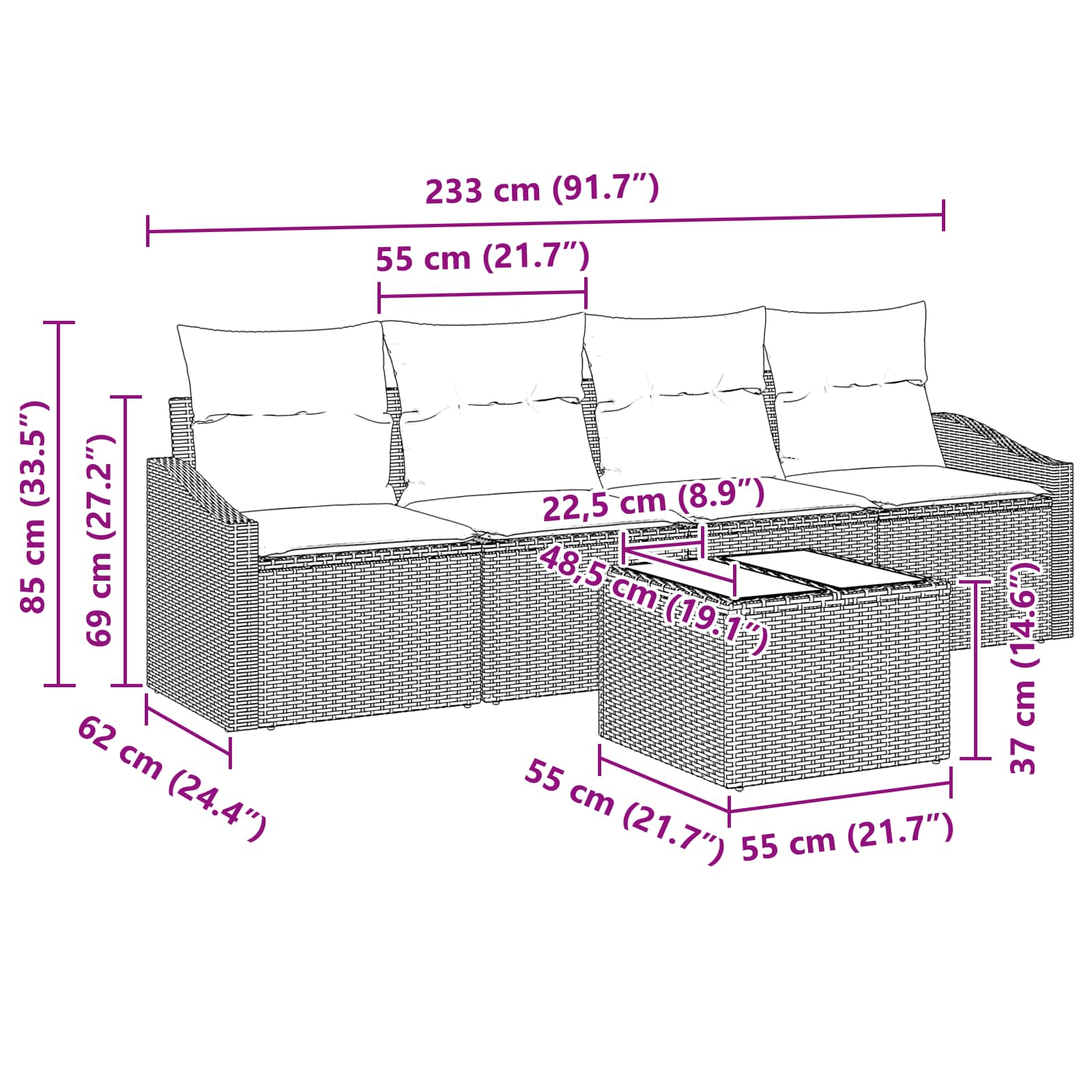 Set di divani 5 pz 3-Numero di posti Marrone e Rosso polyrattan | homemem39