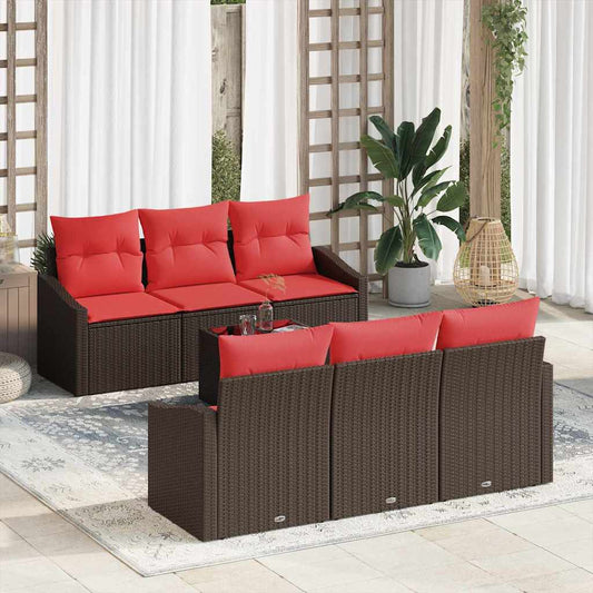 Set di divani 7 pz 3-Numero di posti Marrone e Rosso polyrattan | homemem39