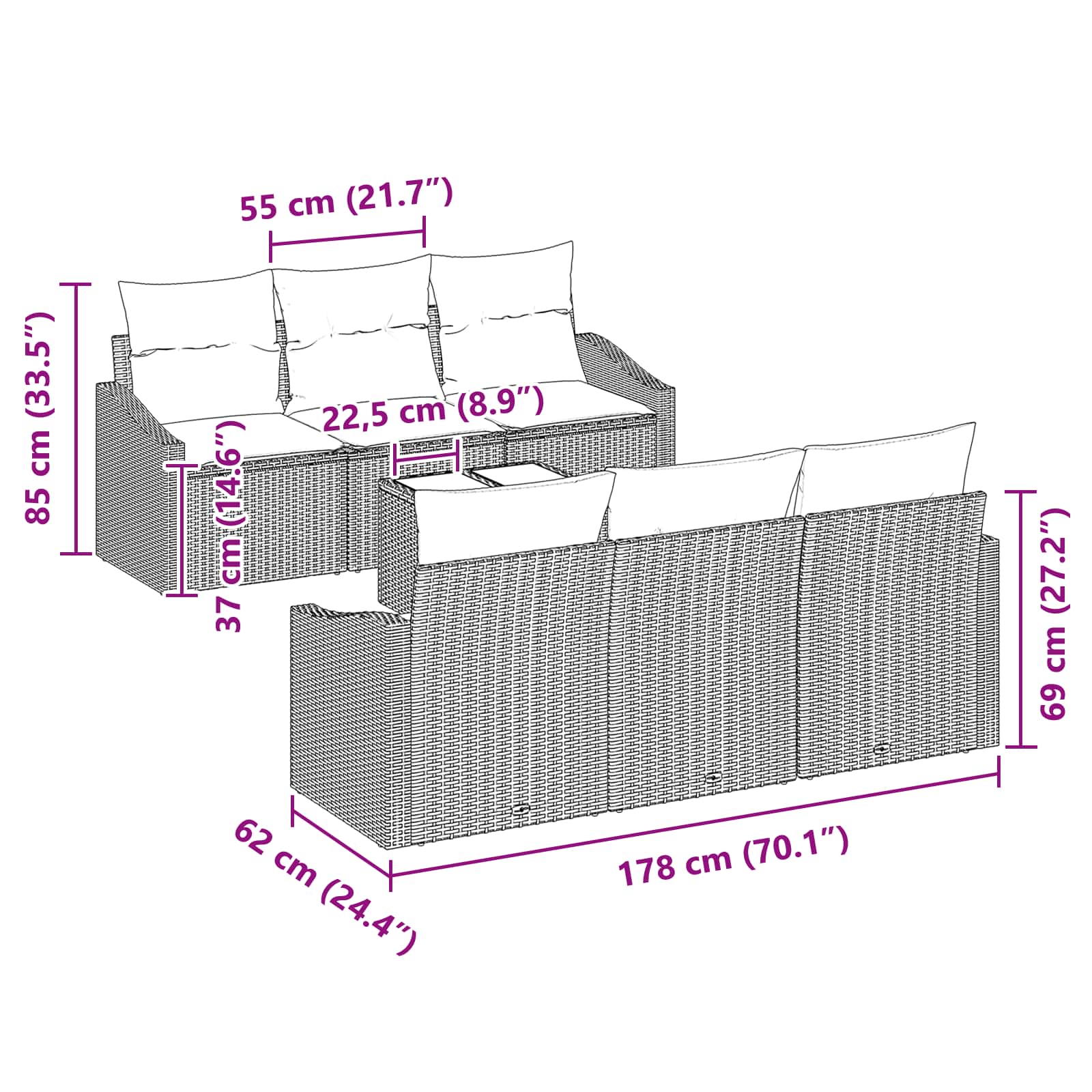 Set di divani 7 pz 3-Numero di posti Marrone e Rosso polyrattan | homemem39