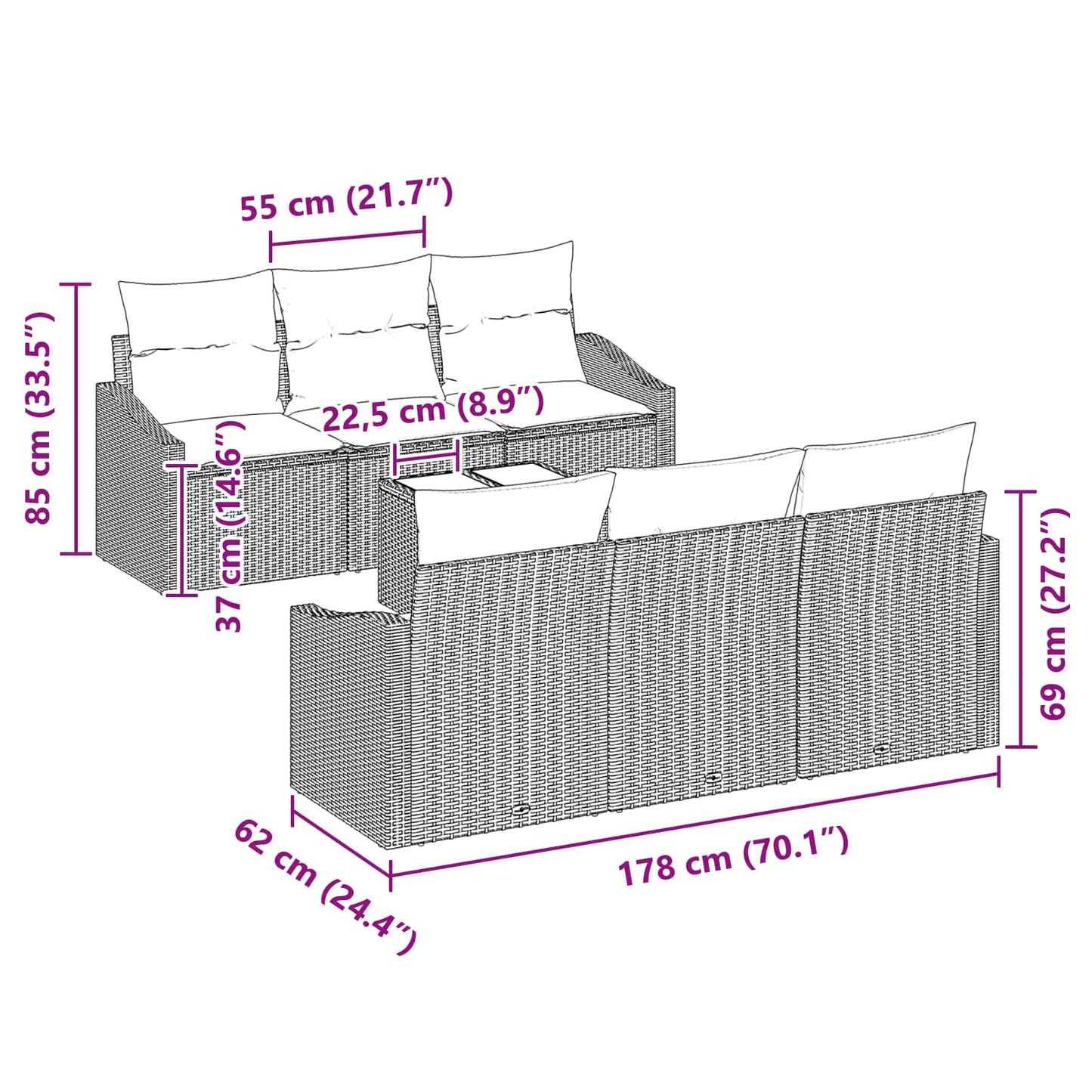 Set di divani con cuscino 7 pcs Nero e Turchese polyrattan | homemem39