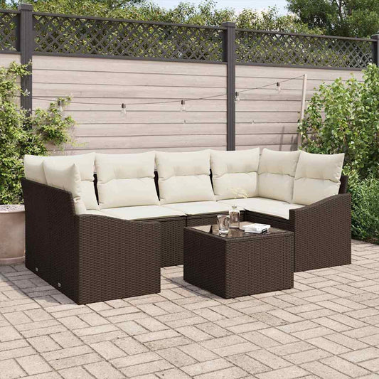 Set di divani con cuscino 7 pcs Marrone e Crema polyrattan