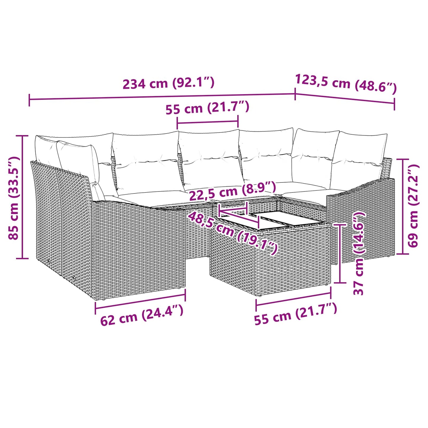 Set di divani 7 pz 3-Numero di posti Marrone e Rosso polyrattan | homemem39