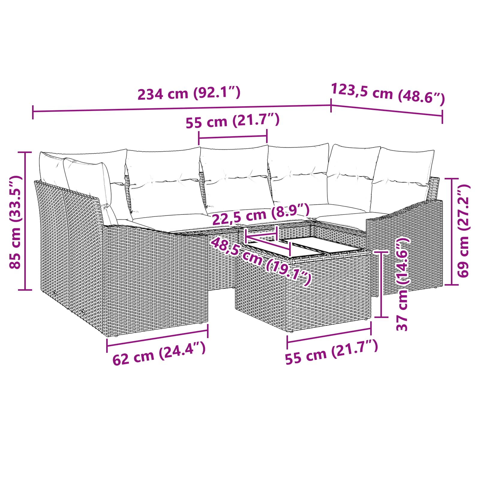 Set di divani 7 pz 3-Numero di posti Marrone e Rosso polyrattan | homemem39