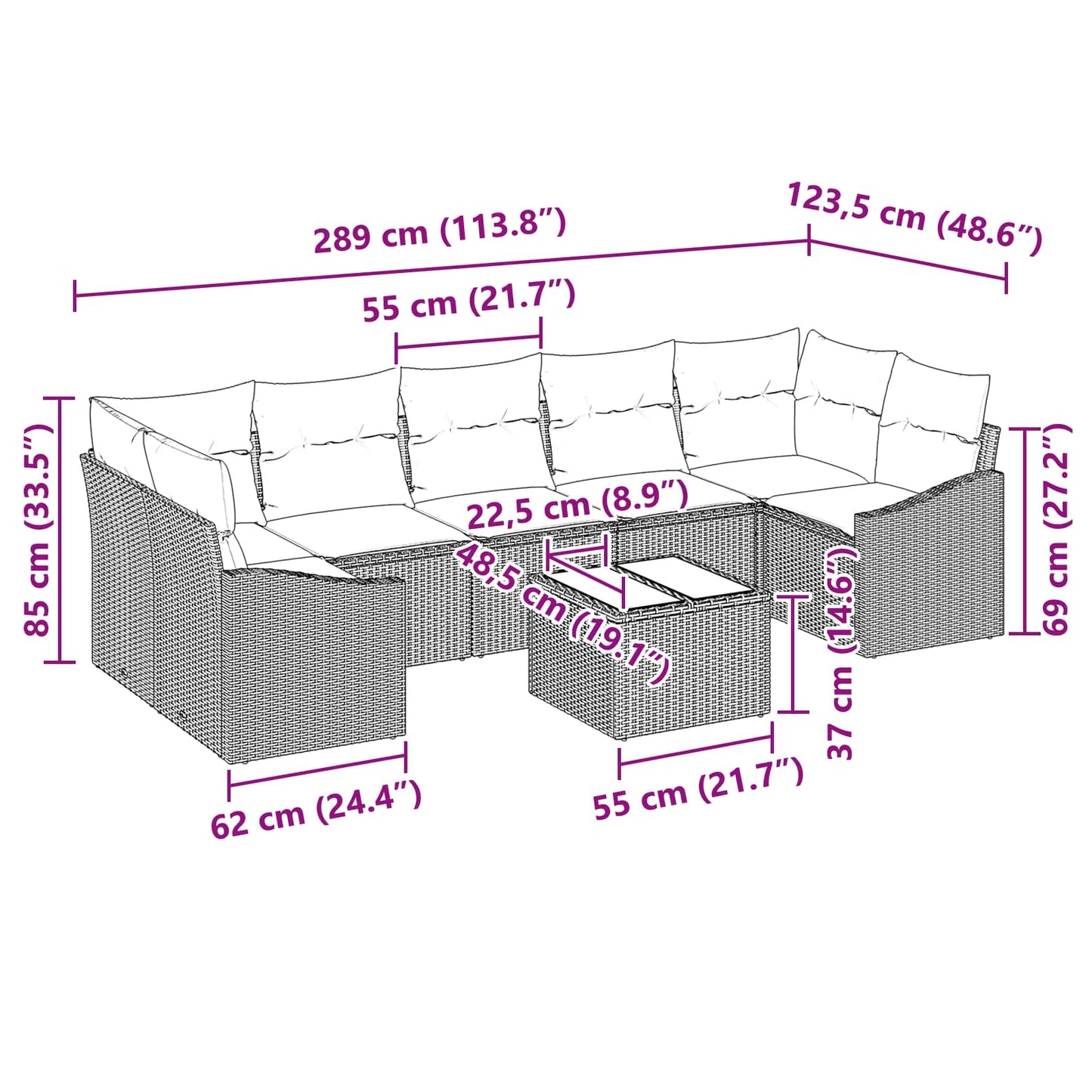 Set di divani 8 pz 7-Numero di posti Marrone e Rosso polyrattan | homemem39