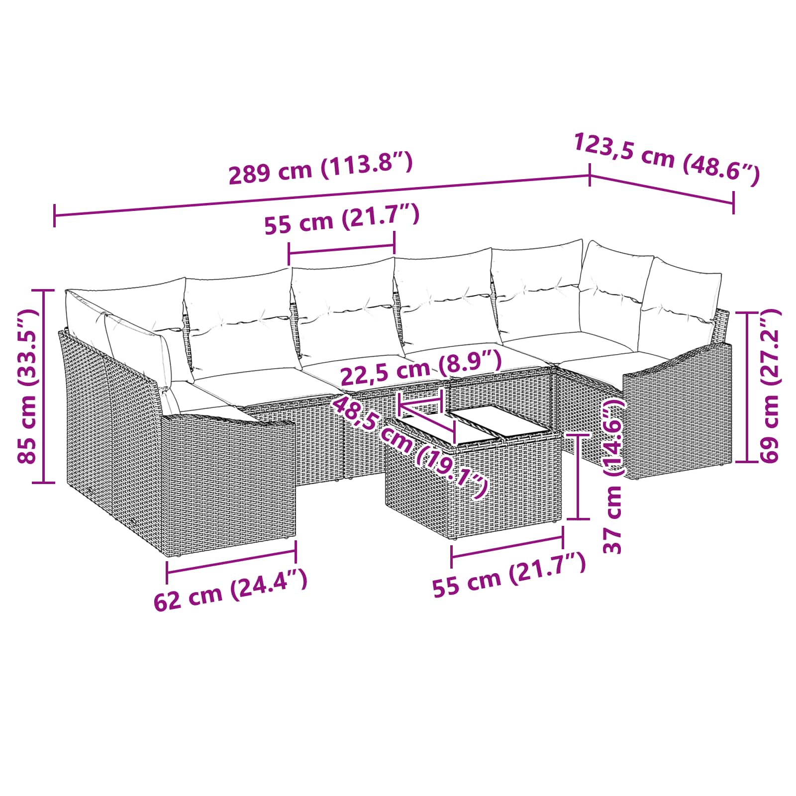 Set di divani 8 pz 7-Numero di posti Marrone e Rosso polyrattan | homemem39