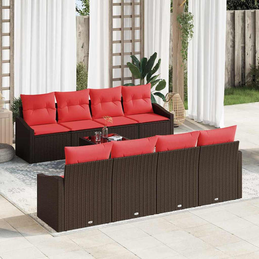 Set di divani 9 pz 3-Numero di posti Marrone e Rosso polyrattan | homemem39