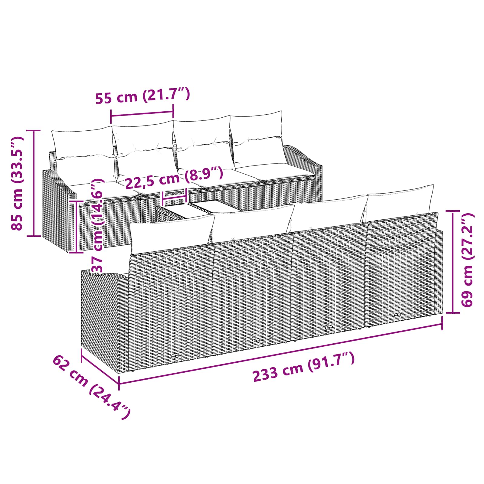 Set di divani 9 pz 3-Numero di posti Marrone e Rosso polyrattan | homemem39