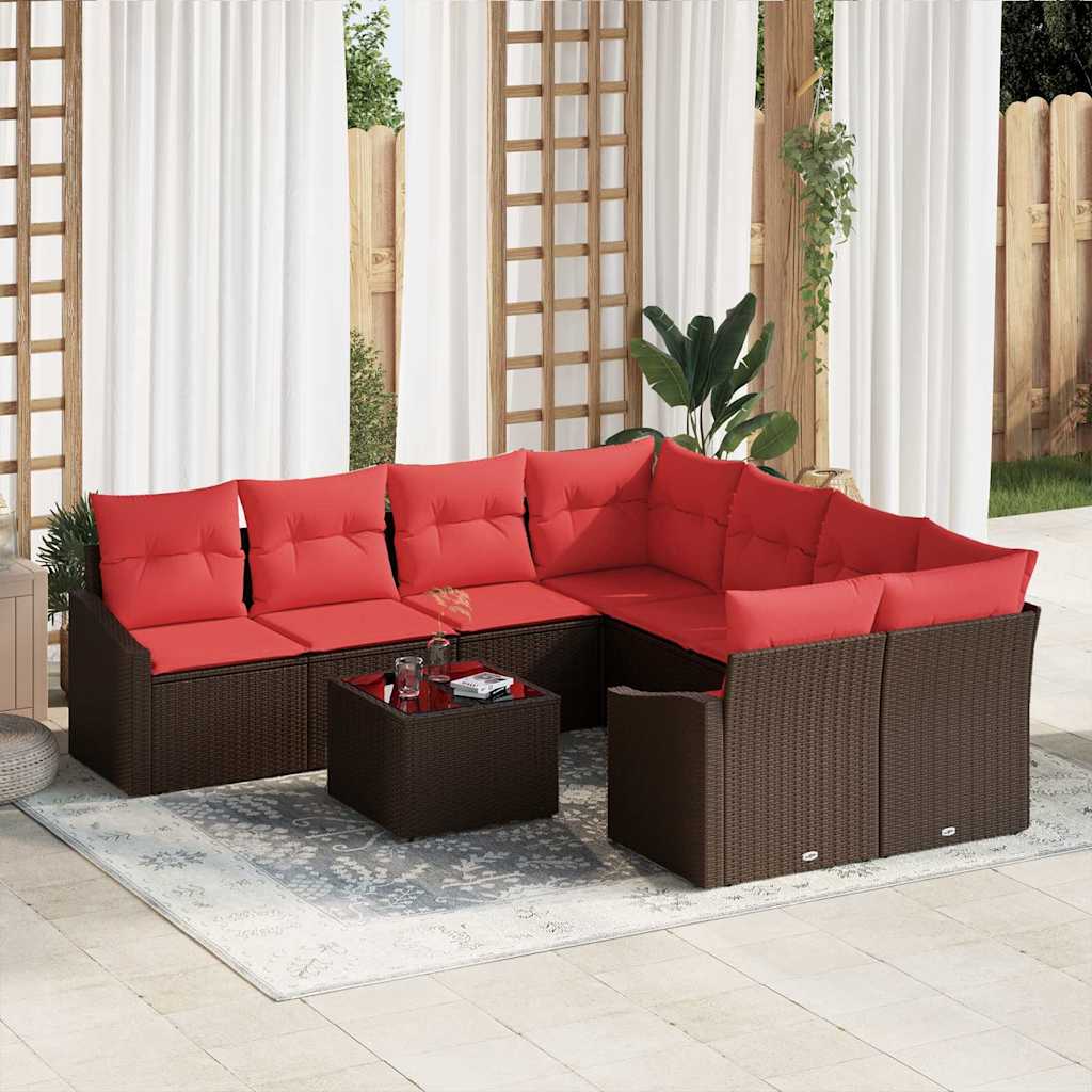 Set di divani 9 pz 3-Numero di posti Marrone e Rosso polyrattan | homemem39