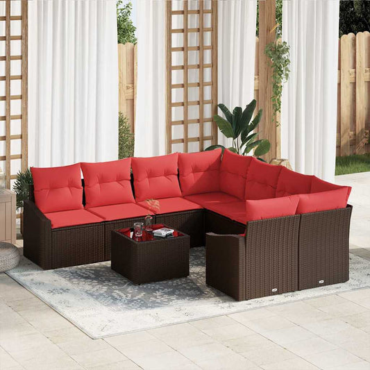 Set di divani 9 pz 3-Numero di posti Marrone e Rosso polyrattan | homemem39