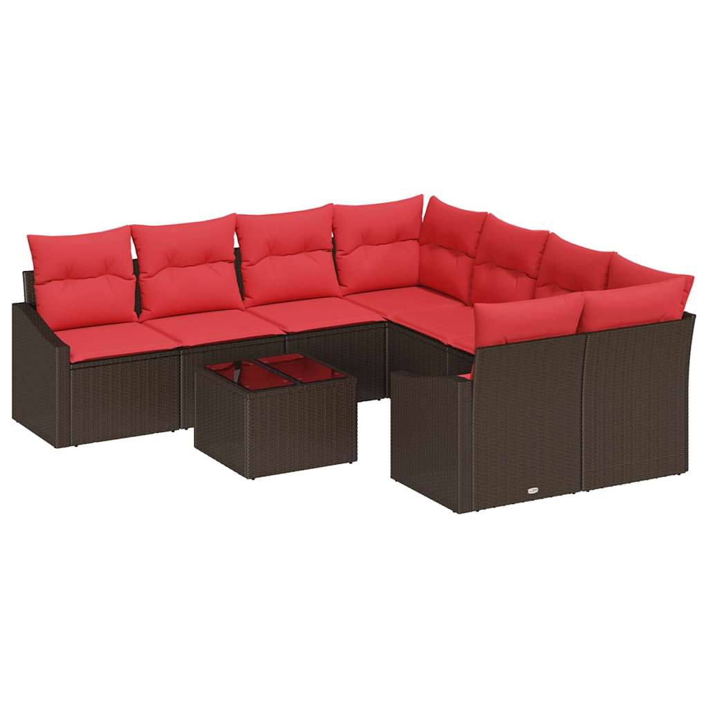 Set di divani 9 pz 3-Numero di posti Marrone e Rosso polyrattan | homemem39